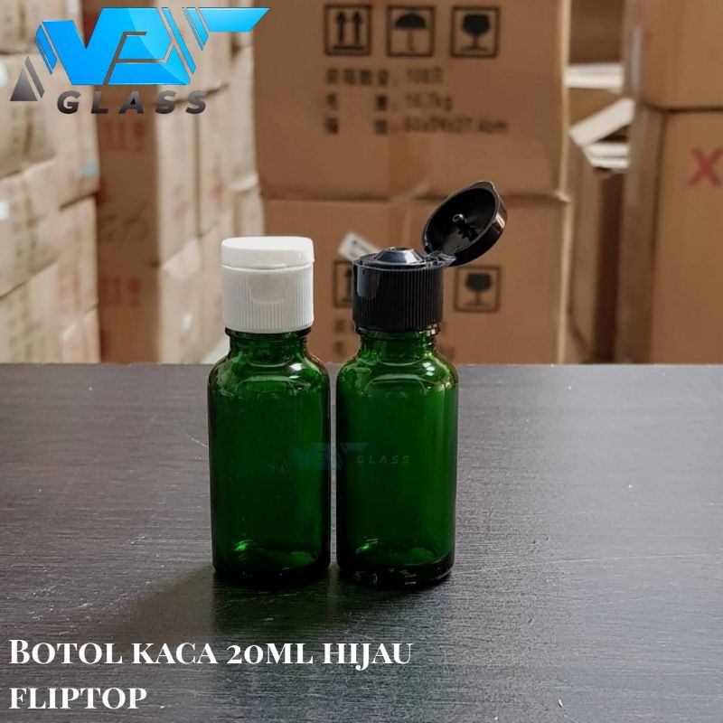 botol kaca 20ml tebal hijau tutup fliptop