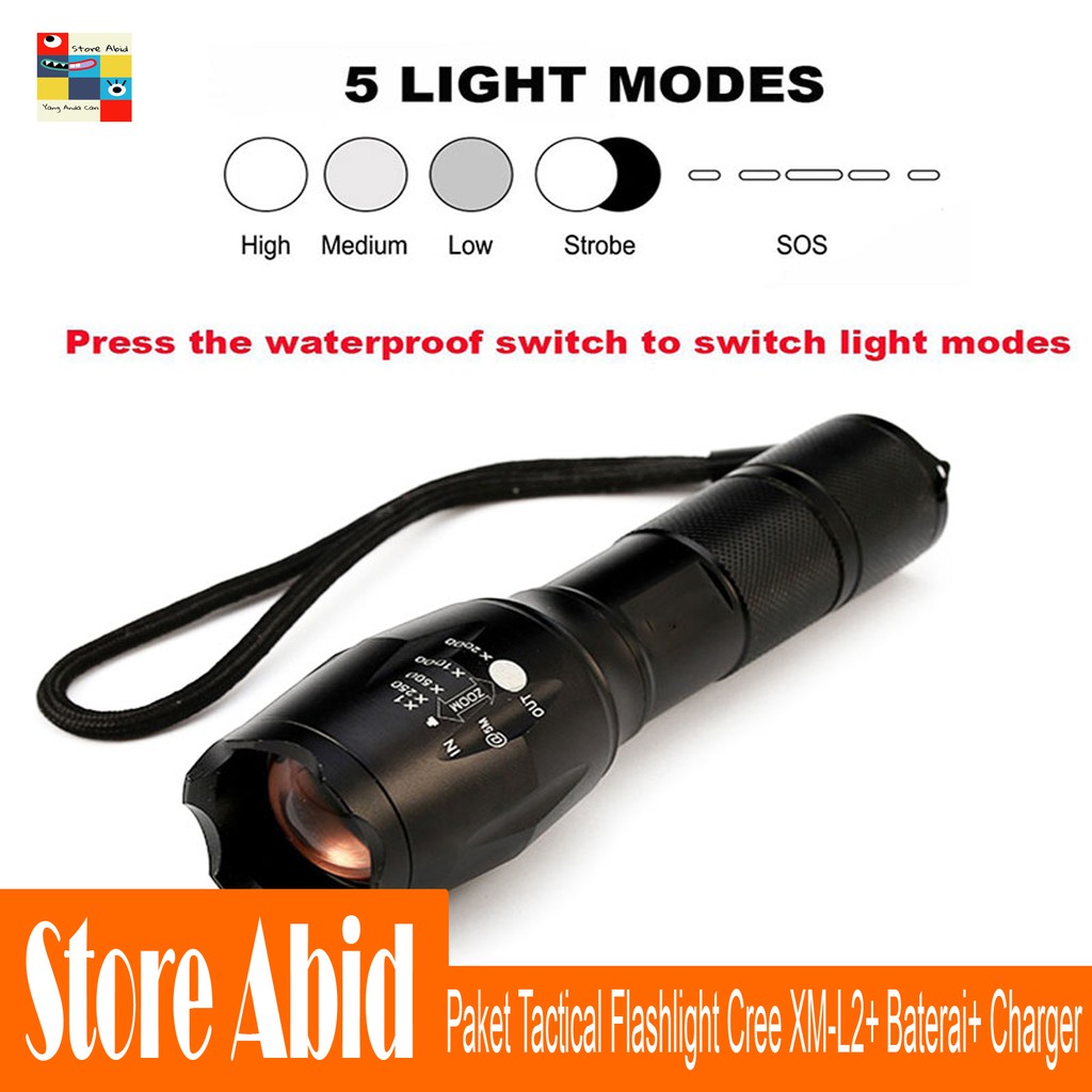 PAKET Senter LED Tactical Flashlight Cree XM-L2 8000 Lumens + Baterai 18650 + Charger - E17