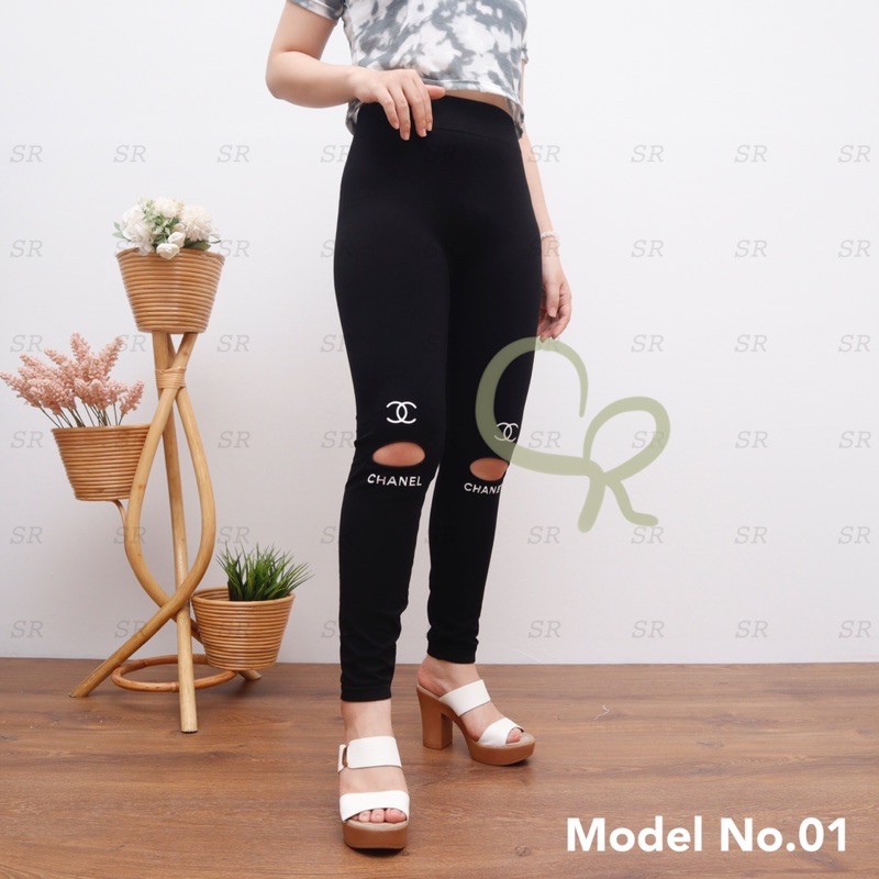 Legging Wanita Import Ripped Bolong Lutut Fashion Softkatun Melar Jumbo