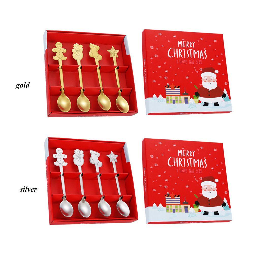 Top 4 Pcs Natal Sendok Desserts Xmas Perlengkapan Stainless Steel Gingerbread Man Tea Scoop