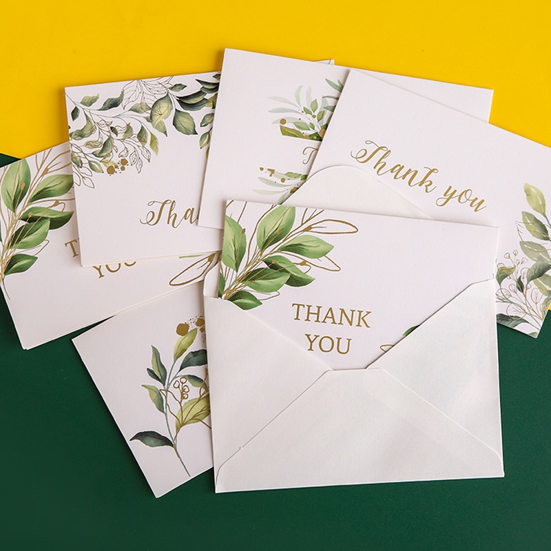 6 Pcs INS Bronzing THANK YOU Greeting Cards with Envelopes Green Leaves Message Cards