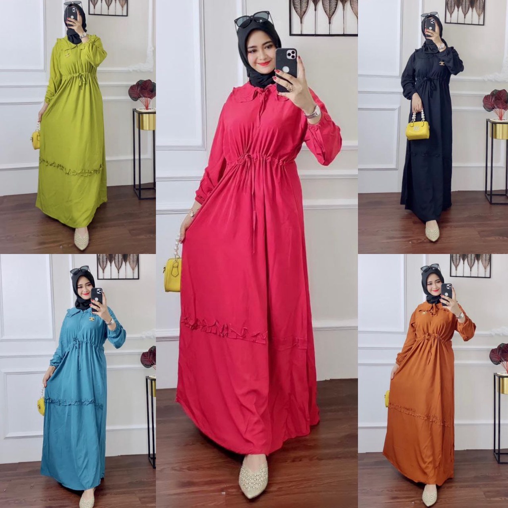 Midi Dress Rania Ruflle \ Resleting Depan Busui Frendly \ Baju Wanita Gamis Terbaru \ Rayon Super