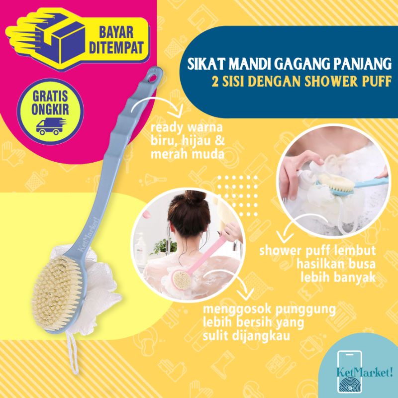 2 IN 1 LONG HANDLE SHOWER BRUSH - Sikat Mandi Shower Puff 2 Sisi Gagang Panjang Scrub Gosok Punggung