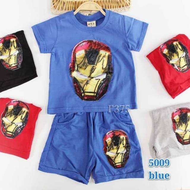 Baju kaos celana pendek setelan anak laki cowok lampu led ironman hitam biru merah red boy T-shirt