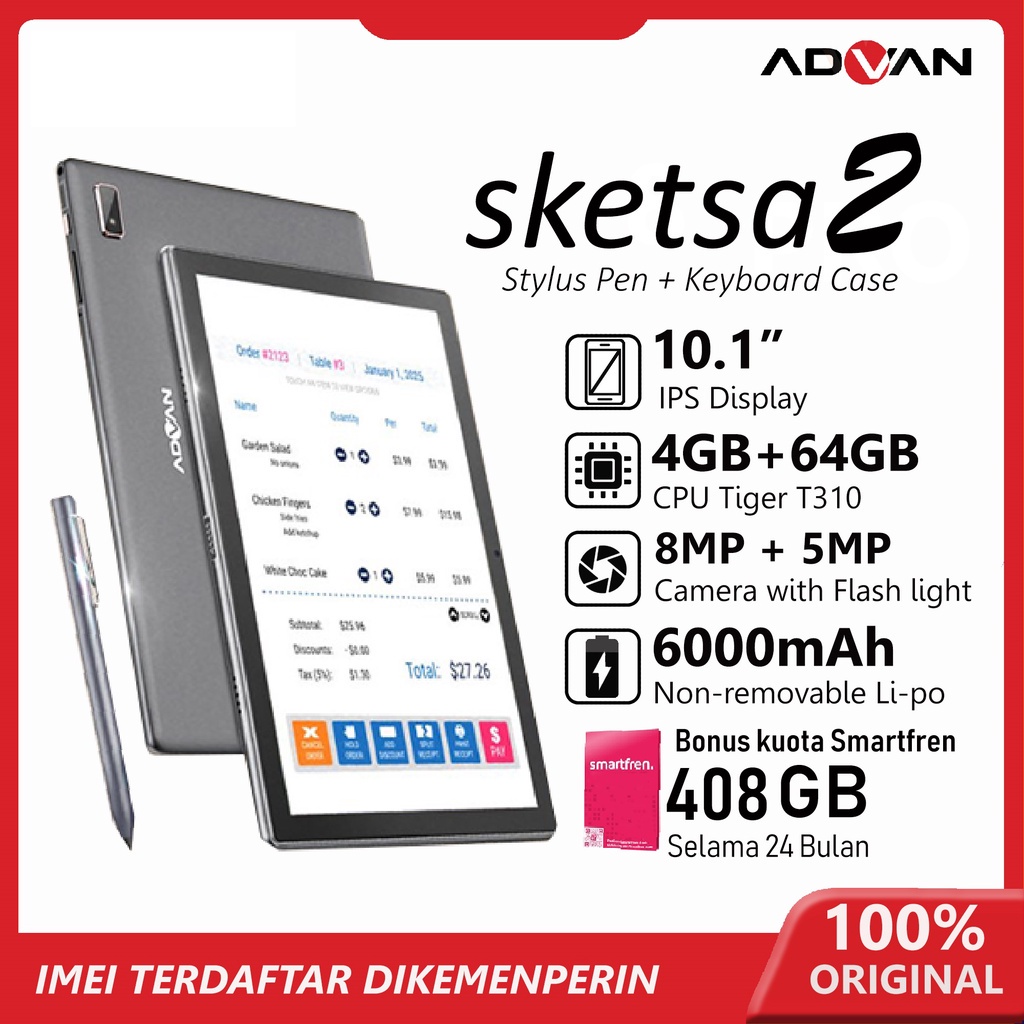 Advan Tab Sketsa 2 4GB / 64GB 10&quot; Tiger T310 Android 11 - bonus Magnetic Keyboard Case + Stylus Pen Active + Kuota smartfren 408 GB - Garansi Resmi