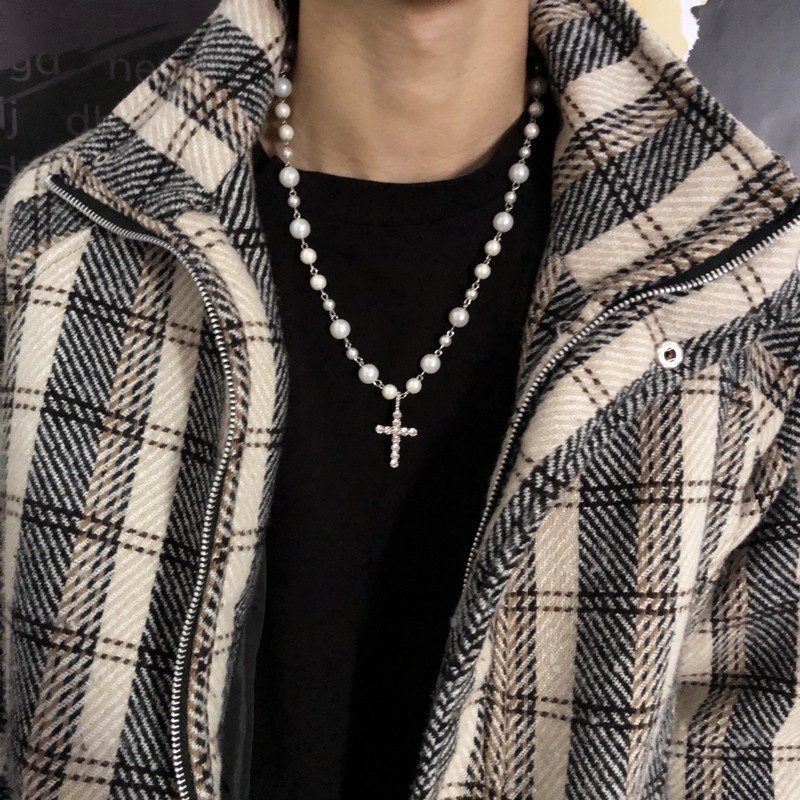 Kalung Rantai Liontin Salib Aksen Manik-Manik Mutiara Kristal Gaya Hip Hop Untuk Pria Dan Wanita