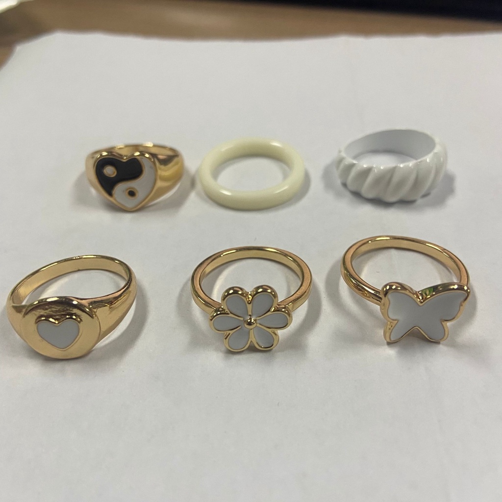 6pcs / Set Cincin Tai Chi Bentuk Hati Kupu-Kupu Putih Gaya Elegan Untuk Aksesoris Wanita