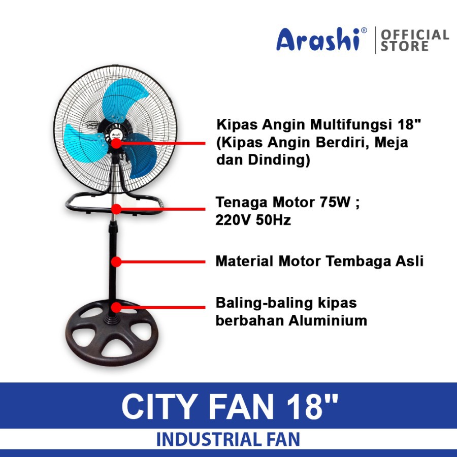 ARASHI Cityfan Kipas Angin Stand Fan 3in1 Besi 18&quot; CITY FAN 18 -  Kipas Angin Stand Fan Industrial 18 inch - Garansi  Resmi 1 Tahun