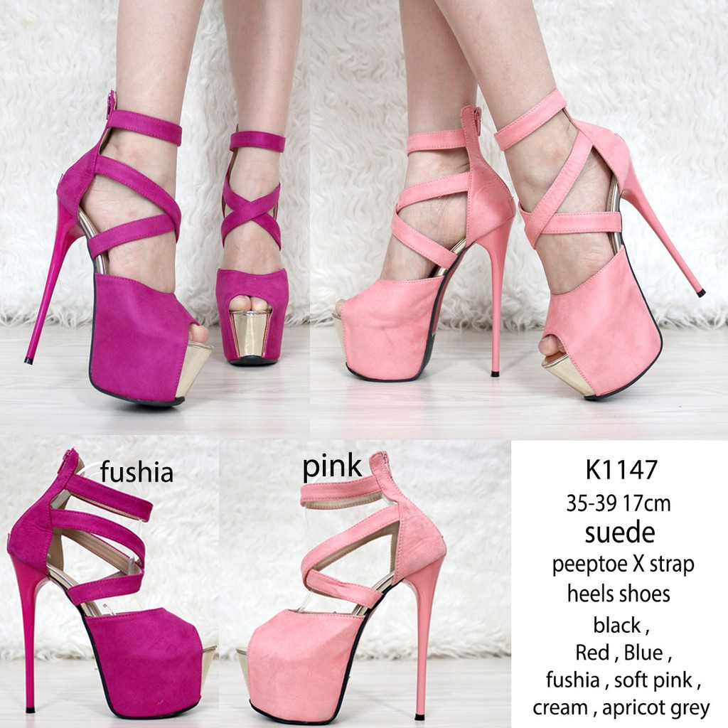 High Heels Peep Toe Suede Fushia Pink 17cm - Sepatu Hak Tinggi Tali Pesta Party Kondangan K1147a