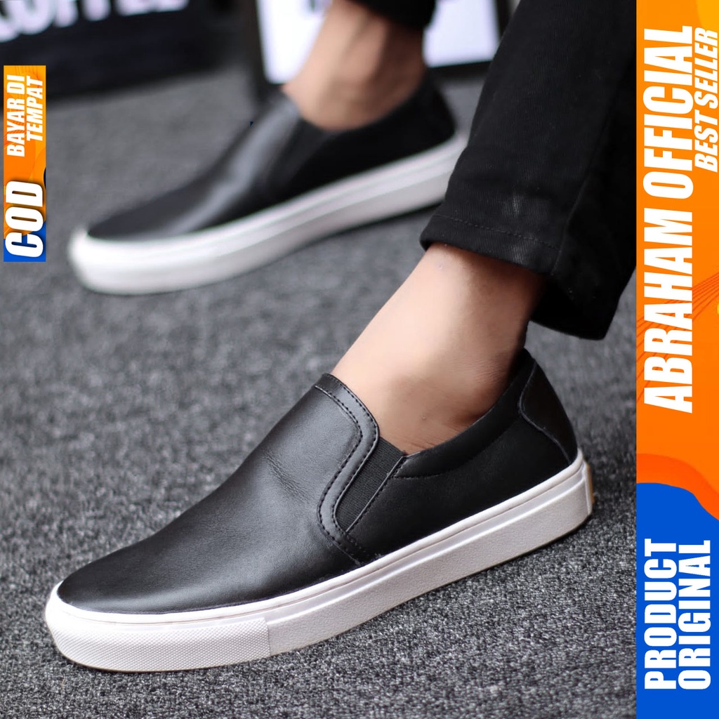 ABRHM x MORI Sepatu Slip On Pria Sepatu Pria Casual Sepatu Cowok/Cowo Kulit Asli Ori Sepatu Kasual Slop Anti Slip Semi Formal Kerja Kuliah Gaya Santai Keren Kekinian Original Murah Terlaris