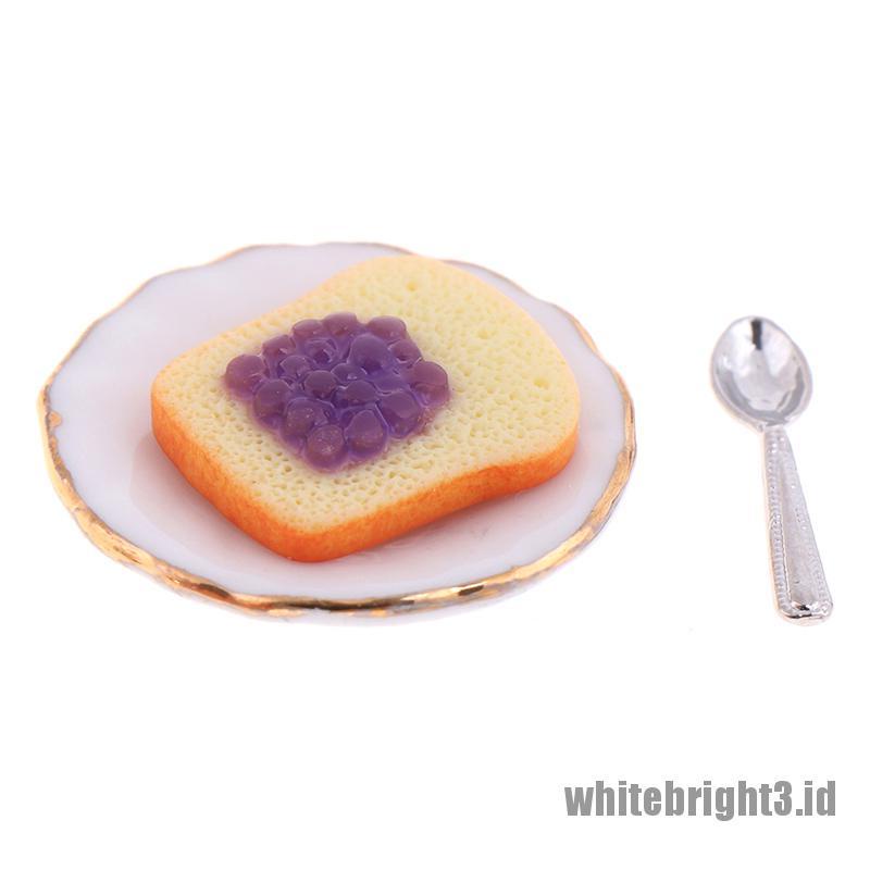 (white3) 3pcs / set Miniatur Piring + Sendok Roti Panggang Skala 1: 12 Untuk Aksesoris Rumah Boneka