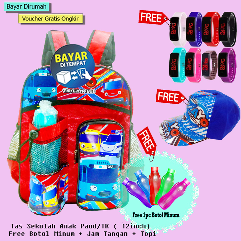 Tas Sekolah Anak TK Laki-laki Free Botol Minum Topi dan Jam Tangan Mainan Tas Sekolah Paket Hemat