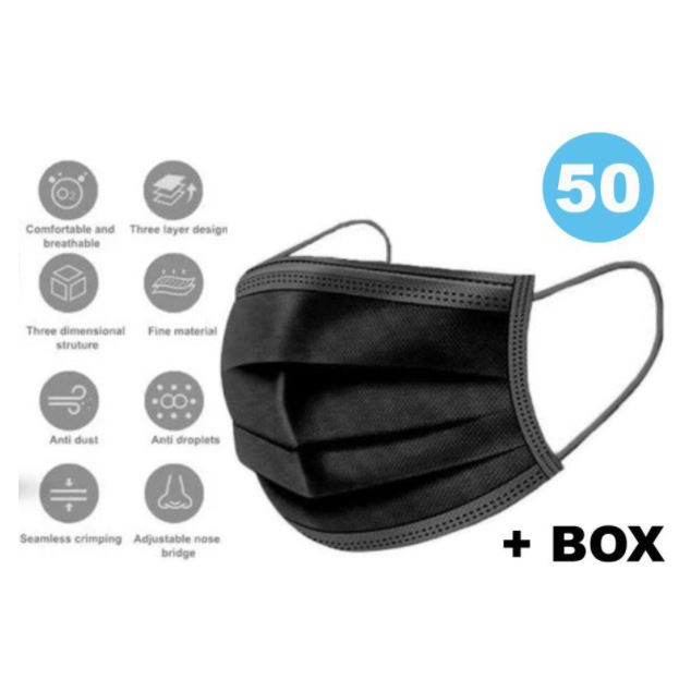 Masker Black Edition 3 ply 50 pcs / masker 3ply hitam 50pcs murah plus box / Masker earloop