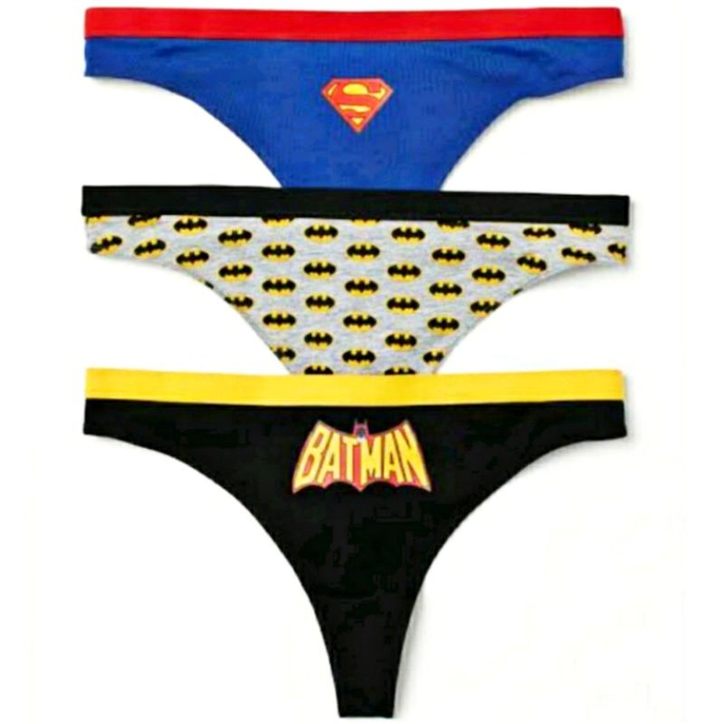 H&amp;M DIVIDED DC COMICS ORIGINAL GIRLS/WOMEN THONG LOW RISE 3 PACK BLUE RED SUPERMAN BLACK YELLOW BATMAN GREY MOTIVES ROBIN SIZE XS UKURAN KECIL SEXY UNDERWEAR CARTOON KARTUN  TONG STRING MERAH BIRU ABU-ABU SET OF 3 ISI 3 PROMO SUPER MURAH LEBAY PAKET HEMAT