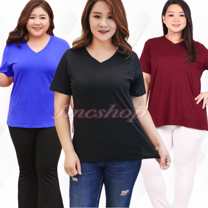 Kaos V neck polos tee tshirt atasan wanita kerah leher V standar sampai jumbo L XL XXL