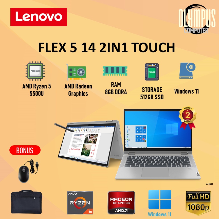 Laptop Lenovo Flex 5 14 2IN1 Touch Ryzen 5 5500 8GB 512SSD W11+OHS 14.0FHD