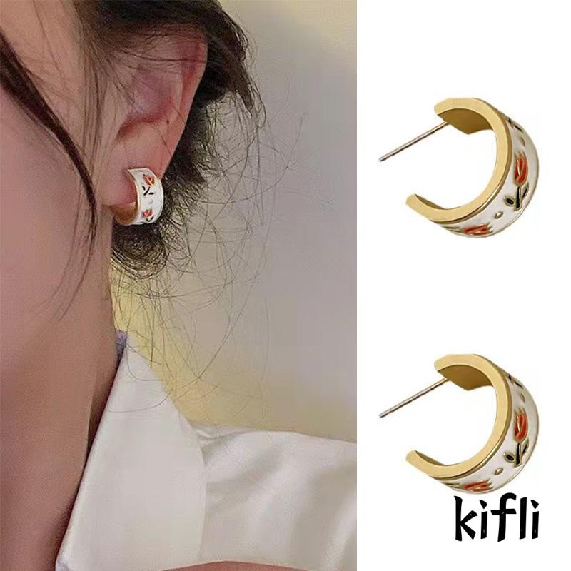 Anting Stud S925 Sterling Silver Bentuk C Lingkaran Tulip Gaya Retro Hongkong Untuk Musim Semi