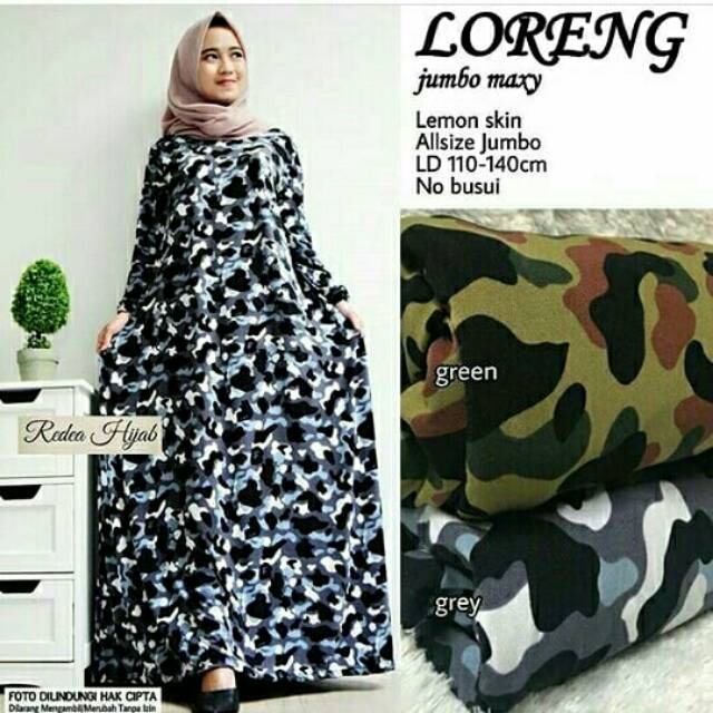 Gamis Dress Muslim Wanita Cantik Jumbo Size Lemon Skin Loreng Army Maxi