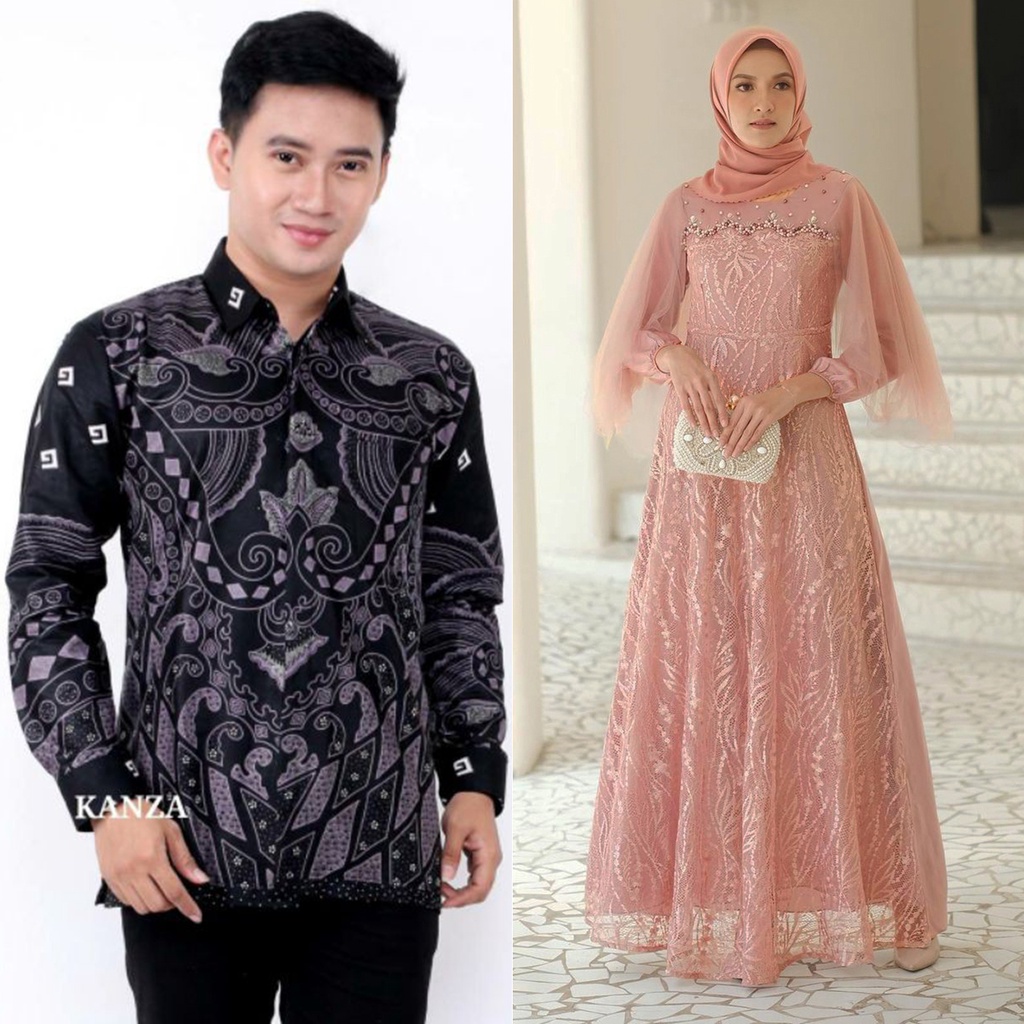 PRODUK TERBARU - Baju Batik Couple Gamis Brukat Modern | Couple Batik Gamis Tunagan | Baju Batik Gamis Brukat Couple Family | Baju Batik Couple Keluarga | Outfit Kondangan Kekinian | Seragam Dress Pesta Brokat Modern