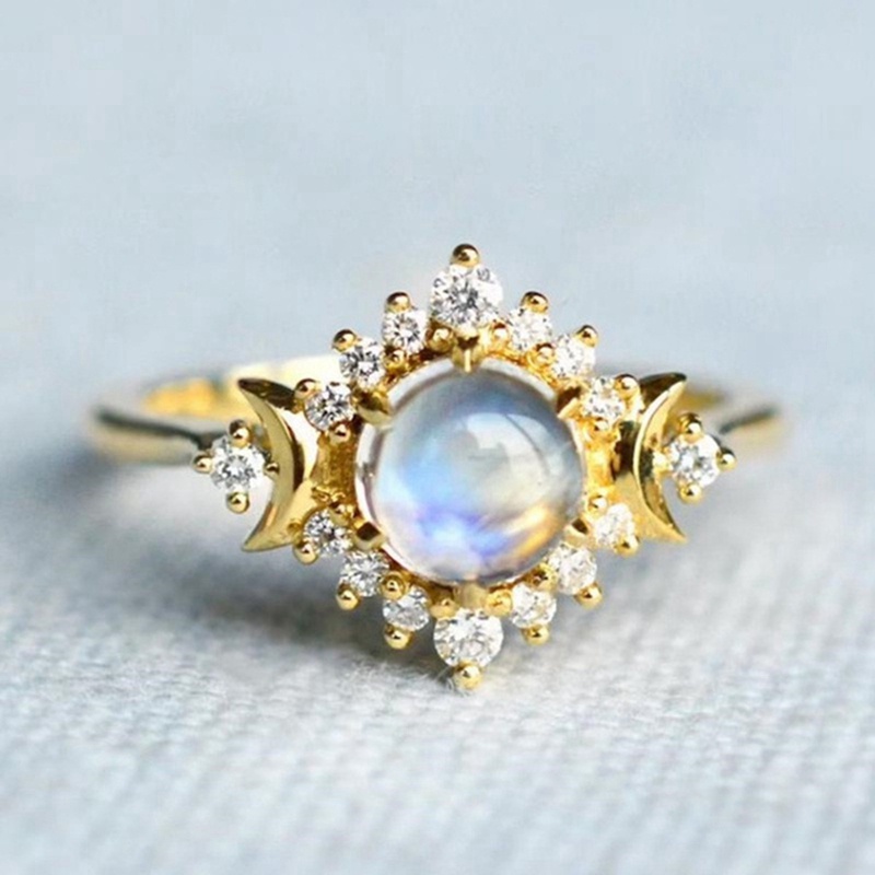 Cincin Emas 14k Desain Bulan Sabit Dewi Bulan Sabit Batu Bulan Matahari Dan Bintang Untuk Pernikahan