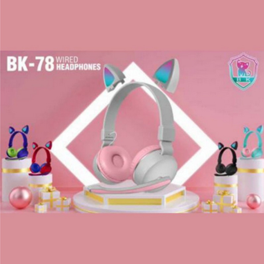 Headphone Bando Cat Ear BK-78 Wired Headset LED With Microphone 3.5mm