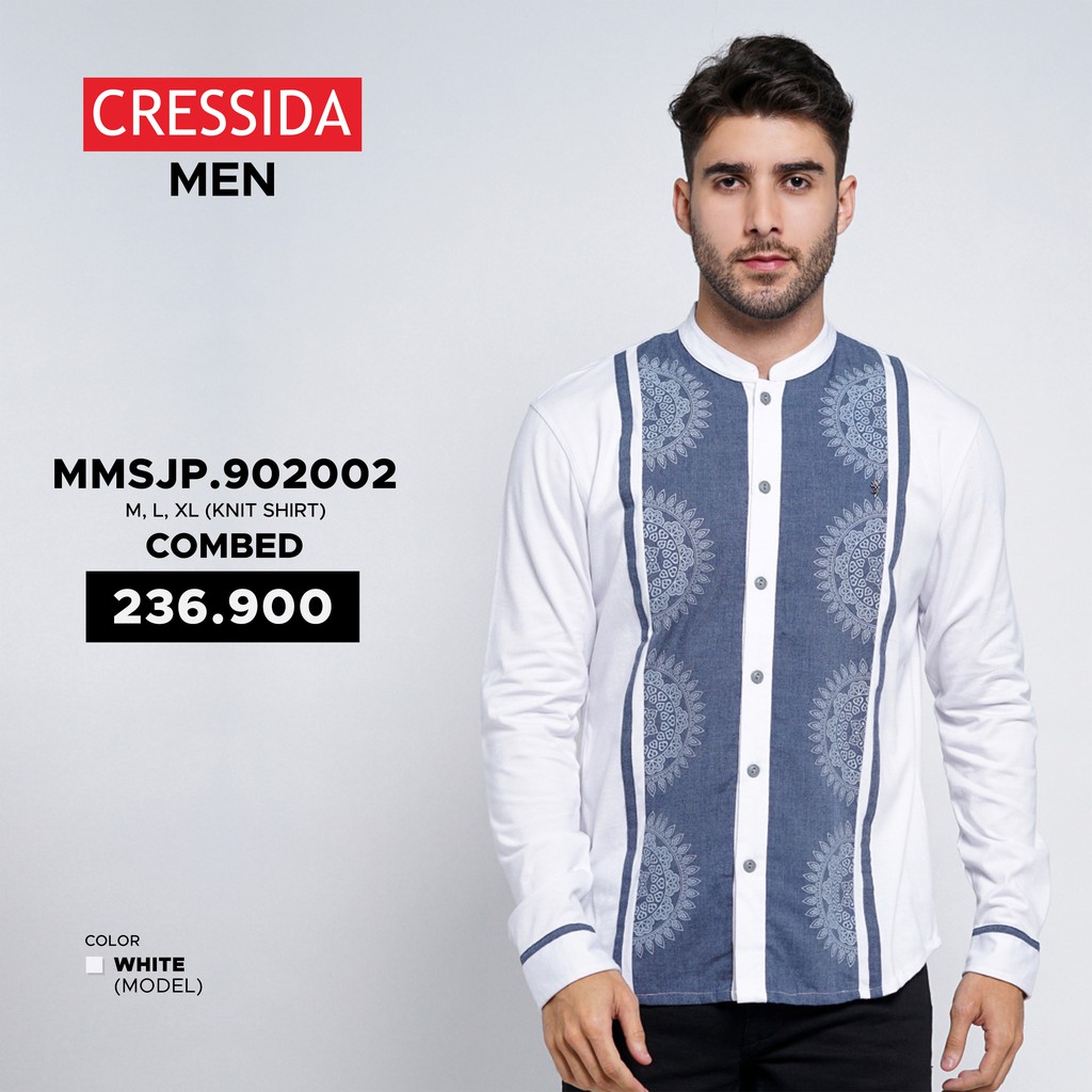 Cressida Men Baju Koko Kemeja Muslim Pria Putih Motif Biru dada