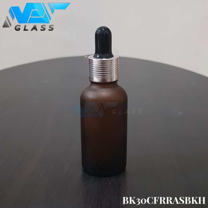 botol kaca pipet 30ml coklat frosted doff - ring almunium silver bergaris