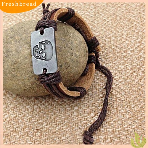 【 Fresh 】 Gelang Tangan Pria Model Punk Motif Tengkorak Gaya Vintage Punk Bahan Kulit Imitasi