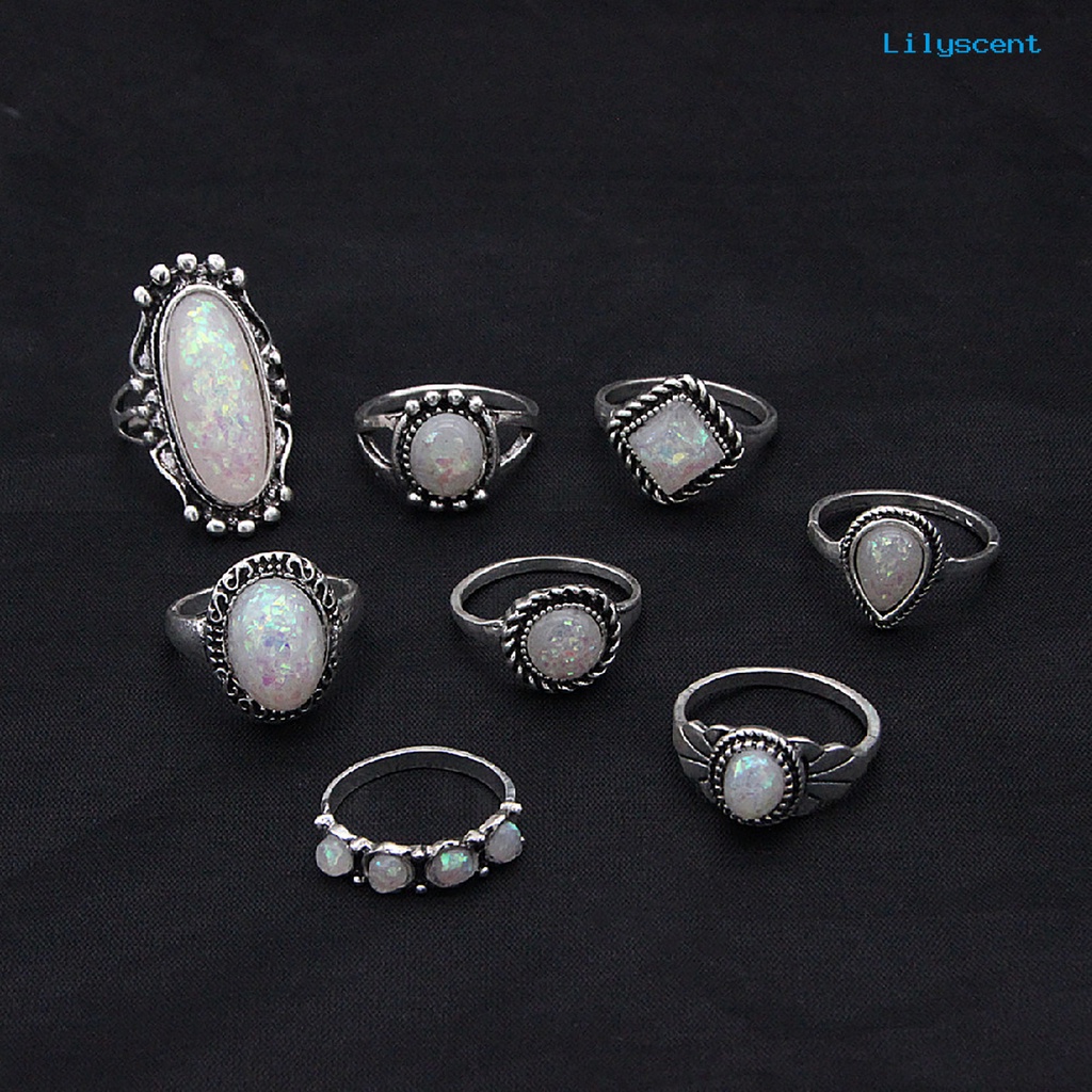 8pcs / Set Cincin Buku Jari Warna Silver Bentuk Kotak Stackable Aksen Permata Imitasi Gaya Etnik Untuk Aksesoris