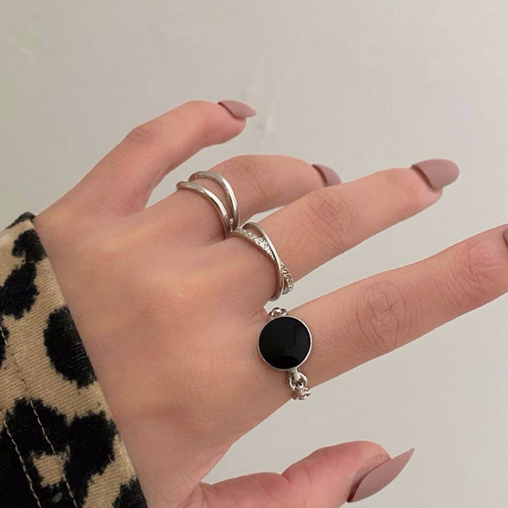 MXBEAUTY 3Pcs/set Women Rings Temperament Korean Style Joint Ring Set Party Jewelry Fashion Accessories Black Gem Rhinestone Geometric Metal Friend Gifts Opening Ring/Multicolor