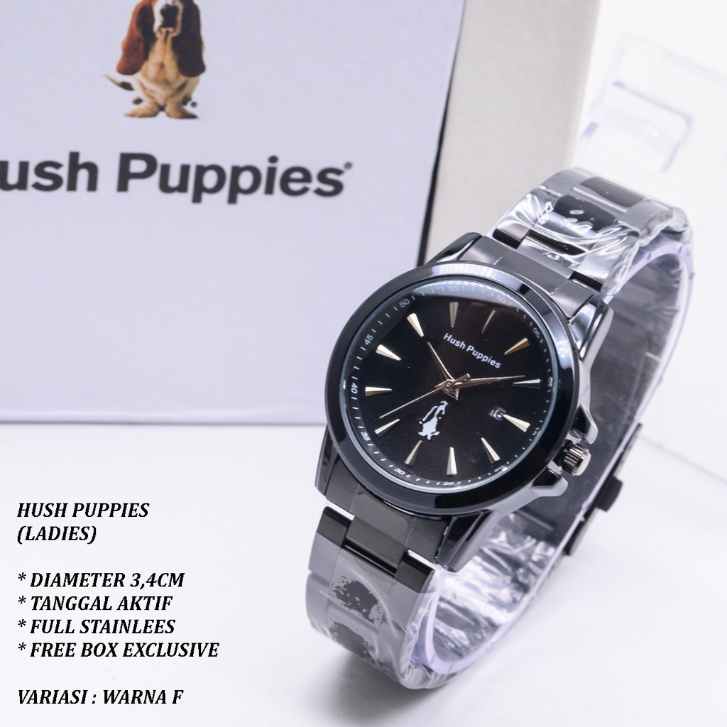 (FREE BOX) JAM TANGAN WANITA HUSH PUPPIES RANTIA BODY BULAT TANGGAL AKTIF