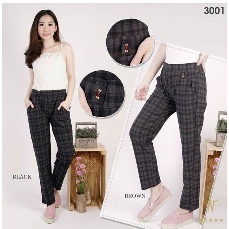 Celana Panjang Wanita Kotak Kotak Neron - Celana Panjang Salur Wanita - Celana Tartan Wanita Import