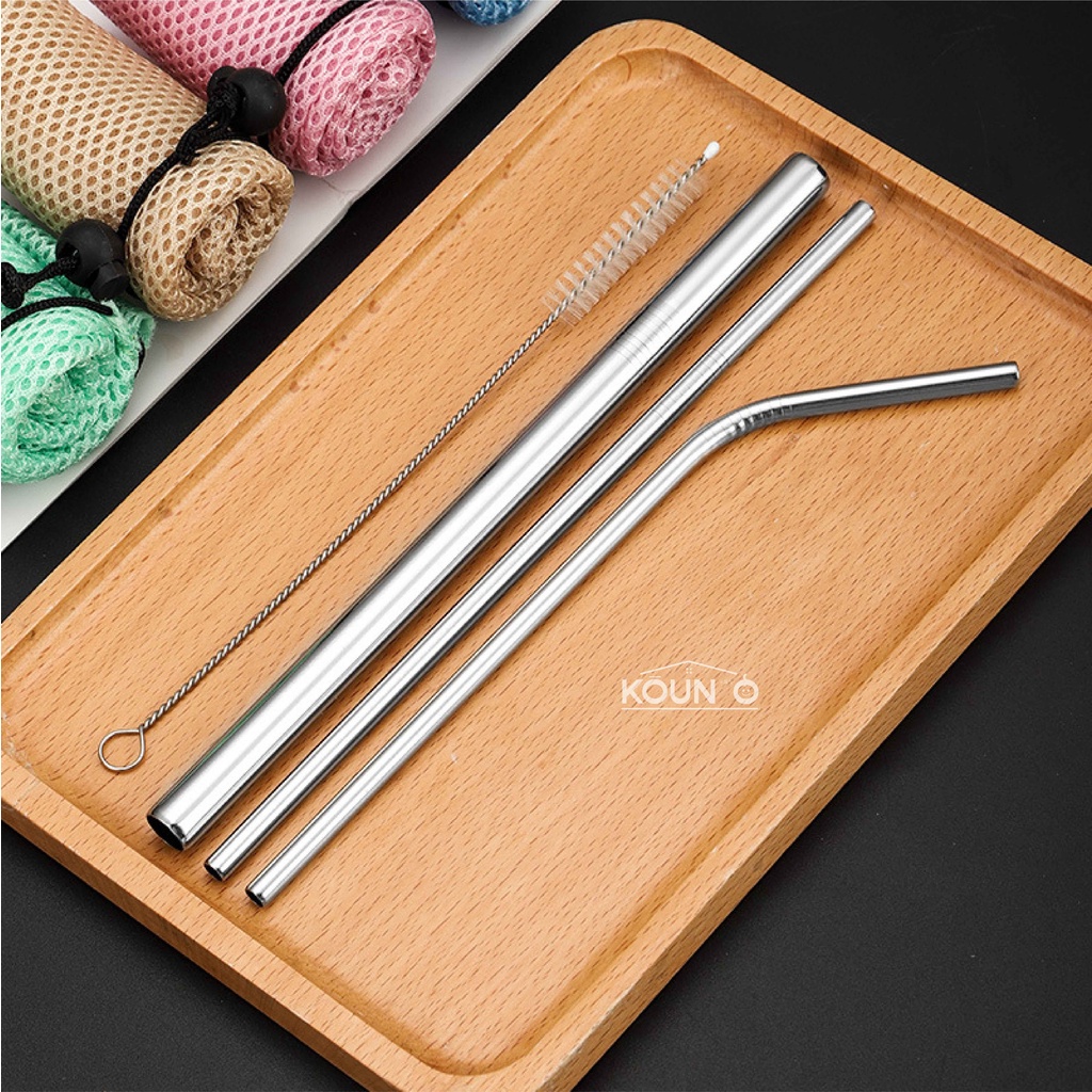 Sedotan Stainless Set 5 in 1 Sedotan Stenlis Steel Food Grade Reusable Straw Set Silver With Pouch