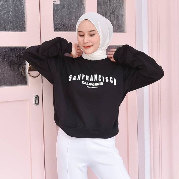 Sweater Crop Sanfransisco - Allsize - Bahan Fleece - Wanita