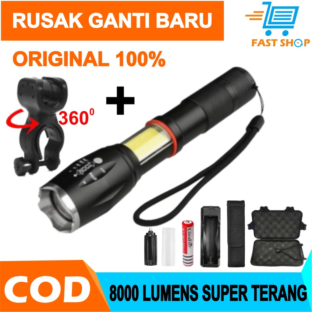 Senter Led Super Terang Paket Komplit Senter LED E17 XM-L T6 8000 Lumens COB Magnet Flash Bracket Gratis ongkir