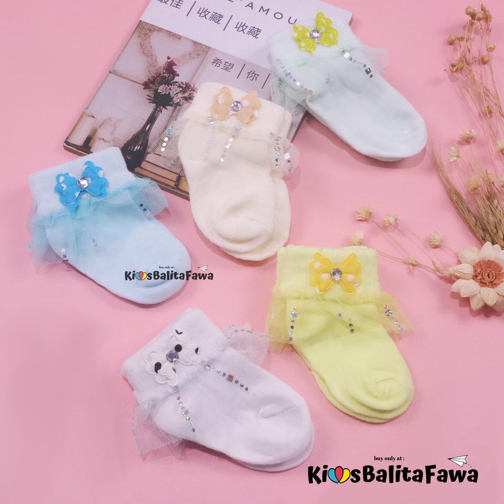 (IMPORT) Kaos Kaki Baby New Born 0-12 Bulan Pita Renda / Kids Socks Polos Bayi Perempuan Bahan Rajut Halus