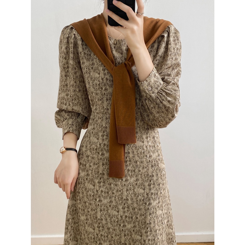 AIMEI Gaun bunga panjang pinggang panjang Prancis lengan panjang wanita Korea retro