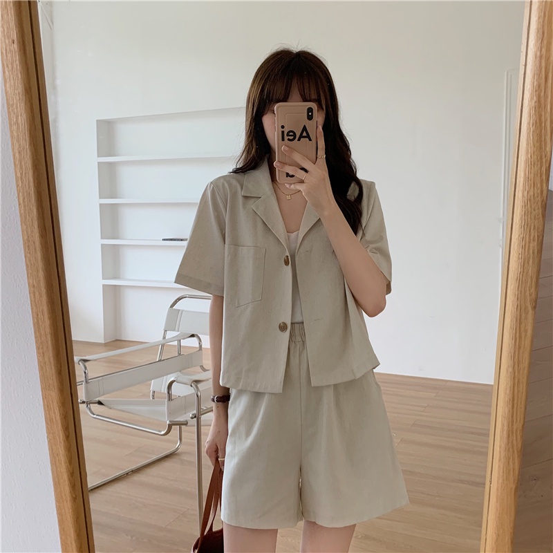 korean style V-neck blazer jaket wanita terbaru korean+ loose dan celana lebar kaki kasual  high waist Celana panjang wanita import Korean style/One Set Wanita