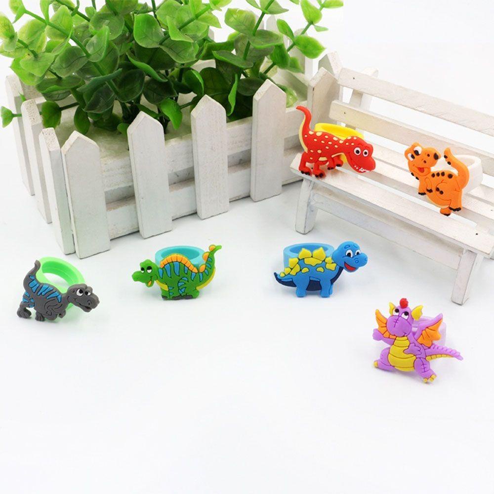 Nickolas1 Cincin Dinosaurus 6PCS Warna-Warni Lucu Karet Lembut Aksesoris Fashion