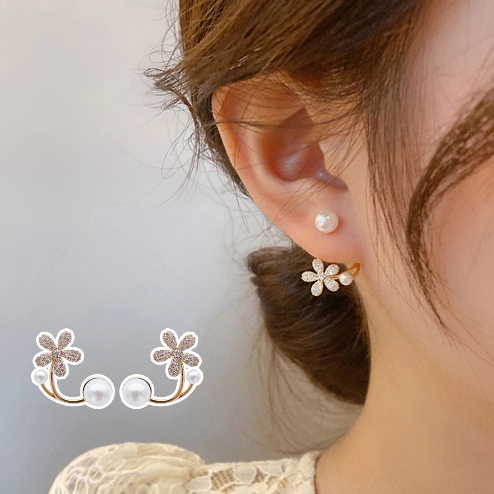 Anting Stud Desain Bunga Aksen Mutiara Imitasi Bahan Zirkon Gaya Korea Untuk Wanita