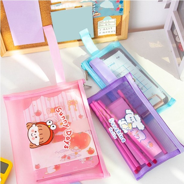 TEMPAT PENSIL JARING ZIPPER TRANSPARAN KARAKTER HEWAN LUCU PENCIL CASE CARTOON / Tempat Pensil Jaring Zipper Transparant Karakter Ins Asthetic Pencil Case