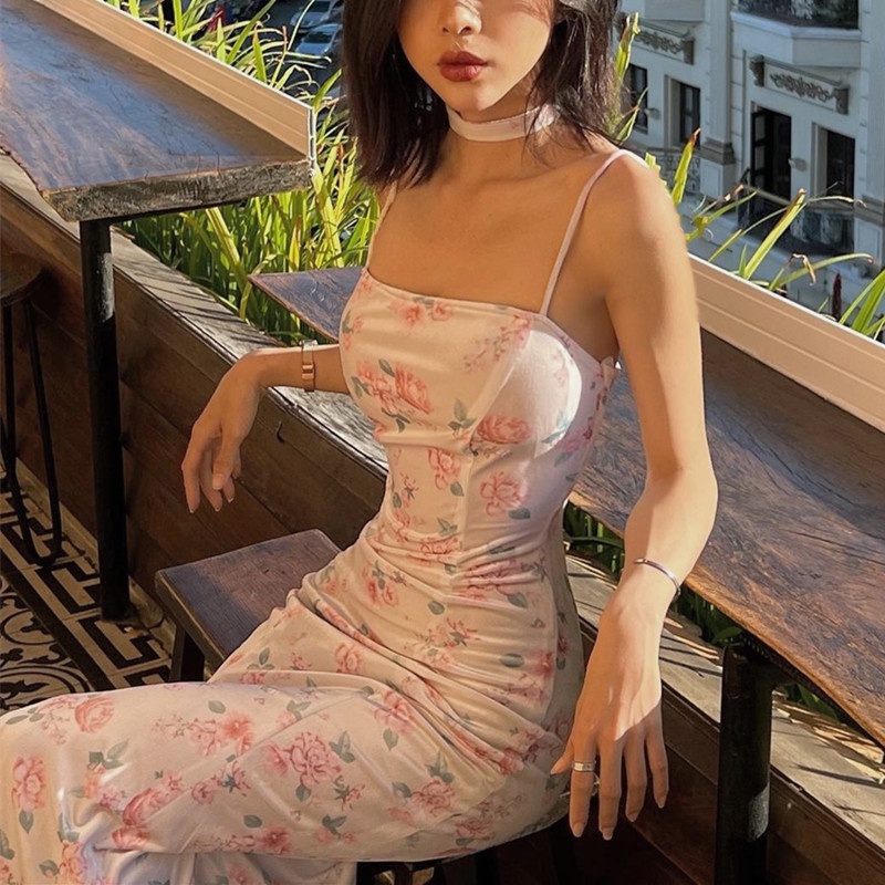 【AMY J】 Floral Slim Suspender Bandage Sleeveless Dresses 7354