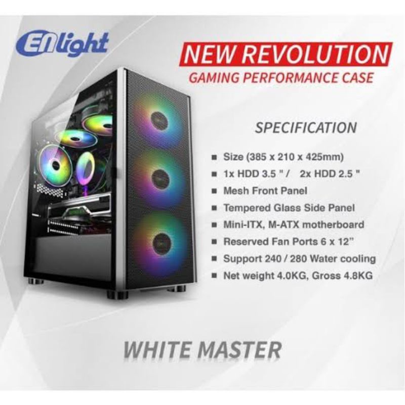Casing PC Gaming Enlight White Master Tempered Glass Case PC