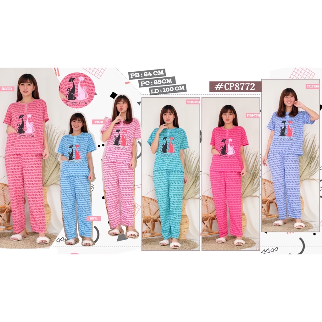 Lilipop.id  Baju Tidur Wanita CP Jumbo Twin cat Setelan Piyama BabyDoll XXXL Kaos Celana Panjang