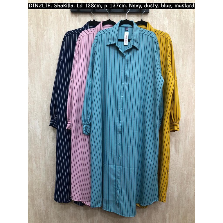 DINZLIE GAMIS LONGDRESS KEMEJA PANJANG BAHAN SHAKILLA MOTIOF SALUR GARIS BIGSIZE JUMBO