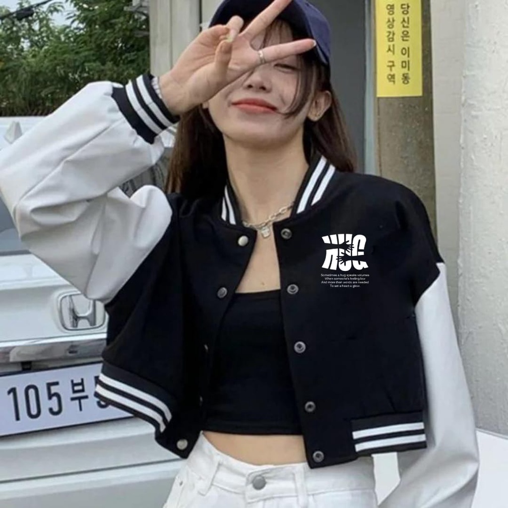 Jaket Baseball Varsity - Jaket Varsity Baseball Pria Wanita Kamikaze Jepang Fullprint-Hitam Crop