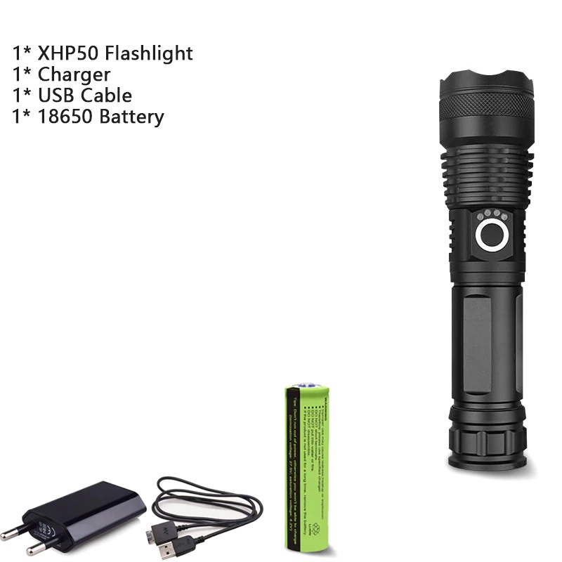 gs8b taffled senter led flashlight usb rechargeable xhp50 with 1x18650 + eu adaptor - jhs522x - Hitam Or-i