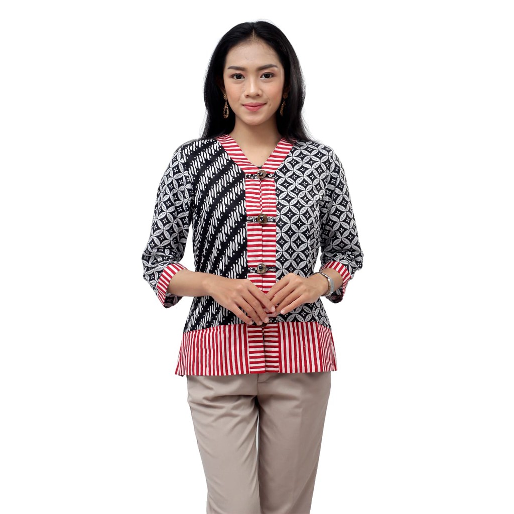 Batik Wanita Atasan Blouse Modern Trendy Warna Hitam Kombinasi Merah by batik dua putri collection