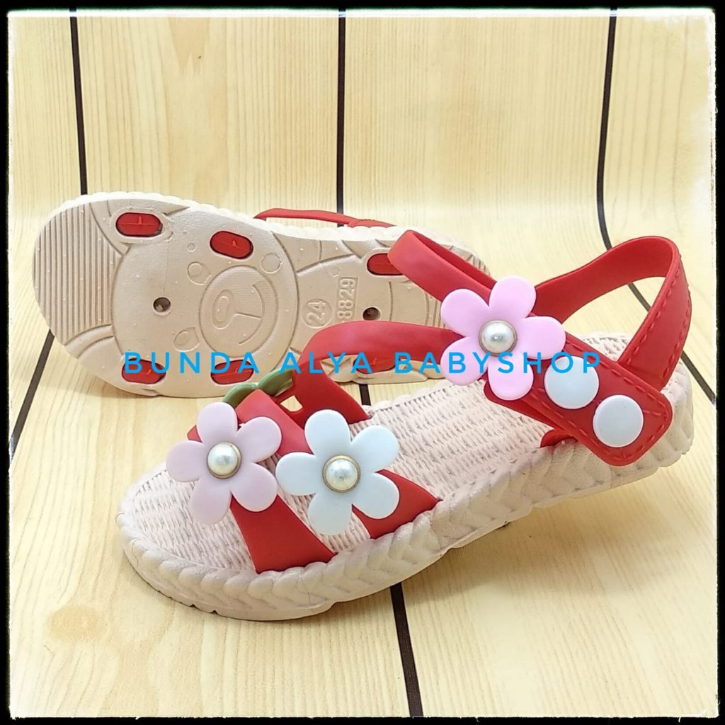 Sendal Anak Perempuan IMPORT Usia 4 5 6 Tahun MERAH - Sepatu Sandal Anak Cewek Tali Bunga Elastis Alas Karet Anti Licin
