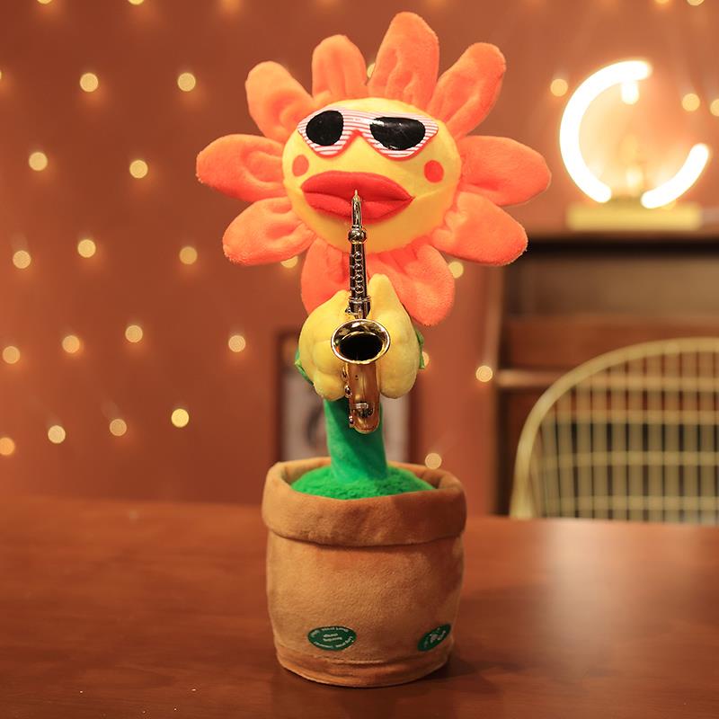 Ready✅Dancing Sunflower USB Singing Talking Repeating Recording Glowing Saxophone Soft Plush Flower Toy 120 Songs Musical Funny Gift